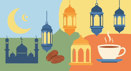 Obraz premium Islamic Lanterns Coffee Dates Ramadan Illustration.