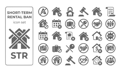 Fototapeta premium Short-Term Rental Ban Airbnb-Logo No-Circle Rental-Prohibition HOA-Ban Vacation-Rental Sharing-Economy Vector Icon Set - Rental Prohibition