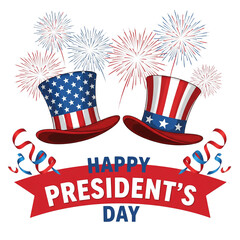 Vibrant president's day celebration elements with fireworks and patriotic hats isolated on transparent background