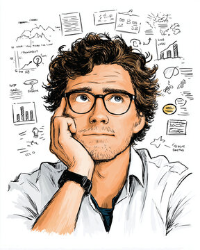 Mindful Strategist: A thoughtful individual contemplates a complex challenge, with mind-mapping visuals illustrating the creative process and innovative concepts. 