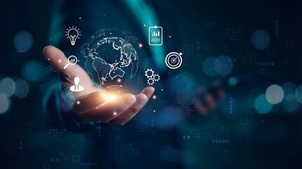 Hand holding glowing digital earth with global network icons isolated on transparent background