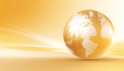 a polished golden globe on an orange background, its metallic continents glowing under soft, warm studio lighting