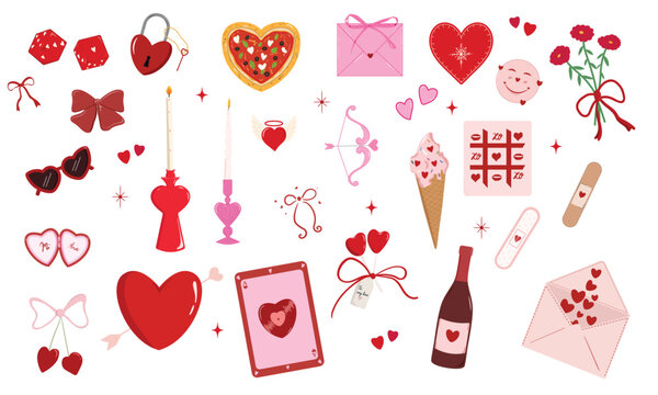 Set of love elements, valentines day hand drawn coquette vector illustrations