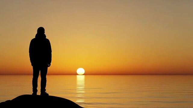 Silhouette of a person standing on a rocky outcrop by the sea during sunset.