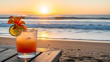 A refreshing cocktail garnished with a flower on a wooden table at the beach during a vibrant sunset