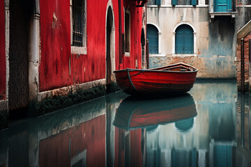 Red Wall With Weathered Green Door and Red Boat Resting Along a Calm Canal