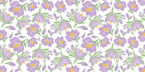 Obraz premium Seamless vector pattern with blooming purple crocus flowers on clean white background. Spring floral repeat design ideal for textile printing, fabric, stationery and surface design.