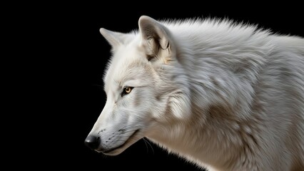 Obraz premium A majestic white wolf gazing intently into the distance, showcasing its sharp features and fluffy fur, captured in a close-up portrait against a dark backdrop.