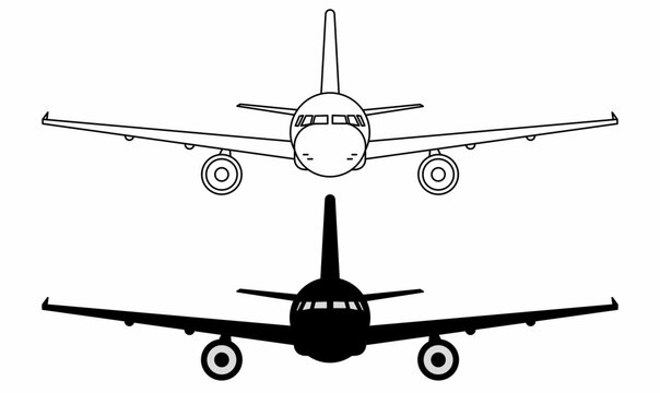 Front view airplane or aeroplane or plane icon set in outline and silhouette.vector illustration commercial jet aircraft. for logo, aviation design, transport symbol. isolated white background. 