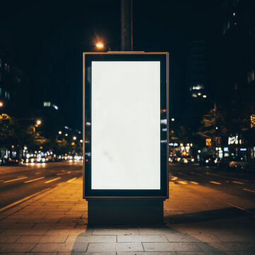 City street billboard mockup at night with urban lights and empty road