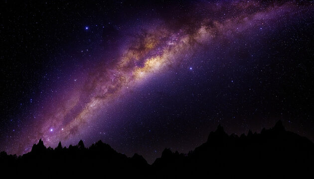 Stunning night sky filled with stars and the Milky Way galaxy arching over dark, jagged mountain silhouettes. Dark mode friendly wallpaper with deep blacks and vibrant cosmic colors.