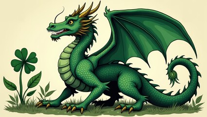 Obraz premium Celtic dragon green Irish mythology creature, St Patrick's Day folklore symbol traditional, ancient legend festive