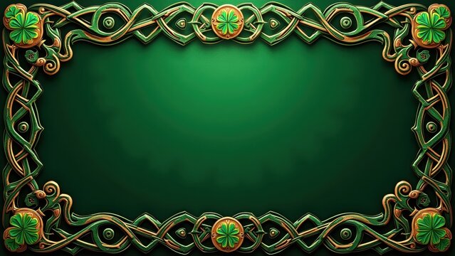 Golden ornamental frame with shamrock clover on green background, luxury irish decorative border design, concept of st patrick's day greetings, invitation cards
