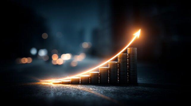 Abstract representation of financial growth with glowing coins stacked in an upward trend illustrating business success and investment potential in dim light