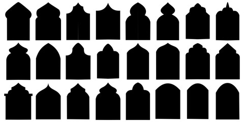A striking black collection of diverse Islamic arch shapes and mosque silhouettes, vector illustration for religious graphics and cultural projects.