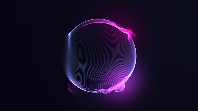 Abstract glowing purple energy ring formed by flowing light strings and plasma waves. Futuristic digital circle with smooth motion feel, elegant glow and seamless loop animation.