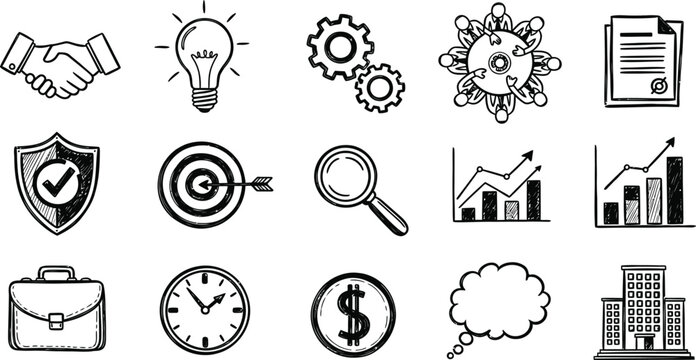Hand-Drawn Business Icons: Ideas, Growth, Finance, and Teamwork