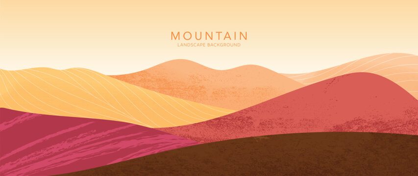 Mountain landscape vector background with layered desert hills with warm gradient sky in beige and cream and orange. Modern design for poster, wallpaper, banner, cover.