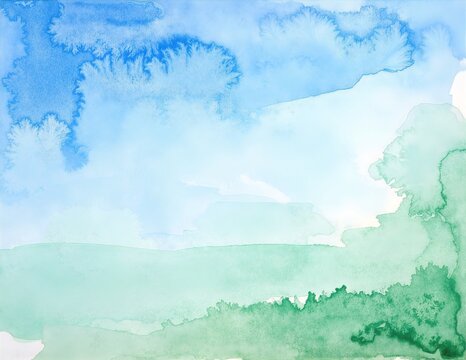 a soft abstract painting of green and blue watercolor blending gently together in fluid, overlapping washes