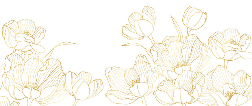 Floral line vector background with gold outline blossoms in wide border composition in gold and cream and white. Elegant design for invitation, card, stationery, packaging.