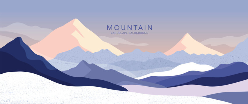 Mountain landscape vector background with pastel snowy peaks with soft blue and lilac layers in blue and navy and lilac. Calm design for poster, wallpaper, web, print.