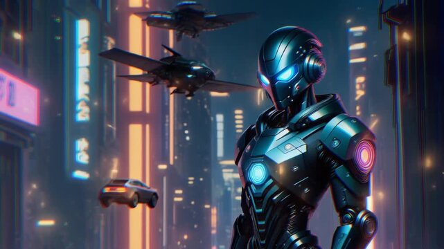 "Futuristic cyborg with glowing blue lights in neon-lit cyberpunk city at night"
