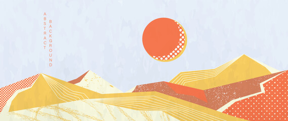 Mountain landscape vector background with abstract desert mountains with orange red sun and textured dunes in orange and yellow and red. Warm design for poster, wallpaper, banner, cover. © TWINS DESIGN STUDIO