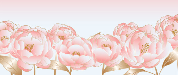 Peony flowers vector background with soft pink peony bouquet border with gentle gradient sky in pink and blush and white. Romantic design for wedding, card, invitation, banner. © TWINS DESIGN STUDIO