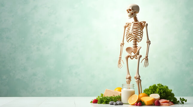 A playful skeleton stands amidst a colorful arrangement of healthy foods like fruits, vegetables, and dairy against a soft green background.