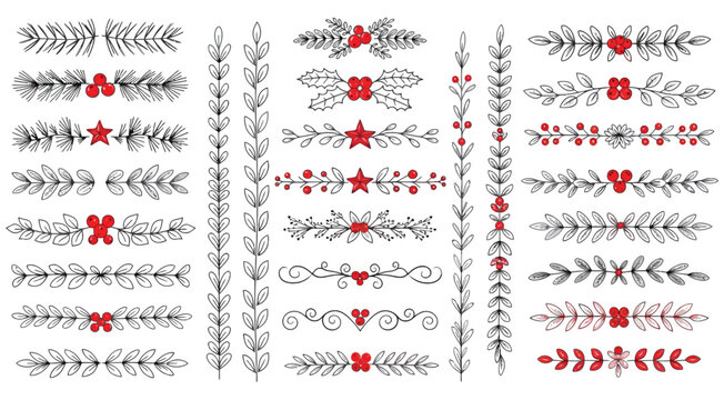 Christmas Dividers Vector Set, Hand-Drawn Ornamental Winter Holiday Borders, Floral Text Decorations, Fir and Holly Branch Separators, Elegant Xmas Design