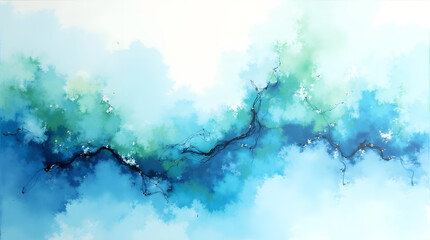Obraz premium An abstract painting featuring flowing shades of blue and green with organic lines creating a tranquil atmosphere.