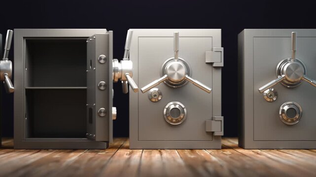 Row of opening safe vaults full of gold and money. 3d animation