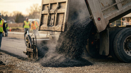 Dump Truck Unloading Asphalt for Modern Road Construction
