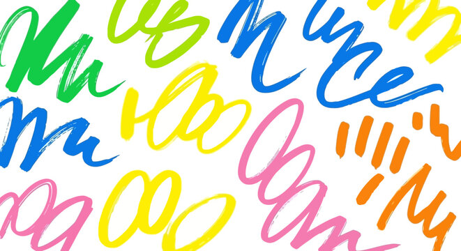 Vibrant Abstract Brush Strokes and Scribbles on White Background, Cheerful Design Elements