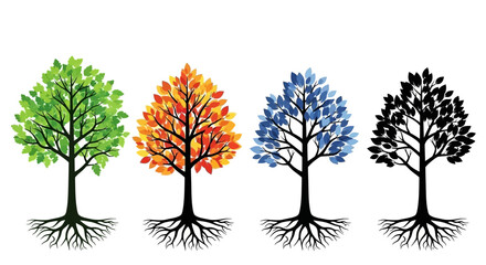 Four Trees in Different Seasons: Spring, Autumn, Winter, and Silhouette with Visible Roots © yeruu