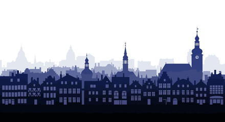 Fototapeta premium Classic European City Skyline Silhouette with Historical Buildings and Churches in Blue
