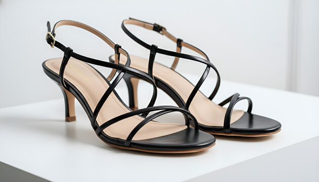 Elegant pair of minimalist black strappy kitten heel sandals with thin ankle straps resting gracefully upon a clean bright white surface