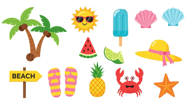 Colorful Summer Beach Vacation Elements Vector Collection with Palm Trees, Sun, and Starfish