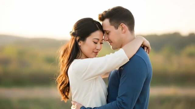 Couple sharing a tender moment in a serene outdoor setting at sunset