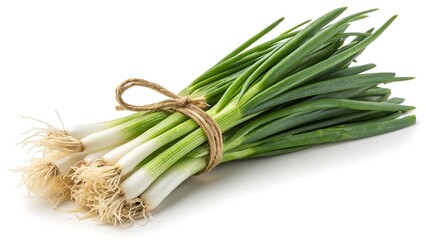 Fresh green onions bunch tied with twine on white background