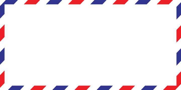 Airmail Envelope frame images with strips. International vintage letter border. Retro air mail postcard with blue and red stripes.  Empty classic postal frame. Vector illustration