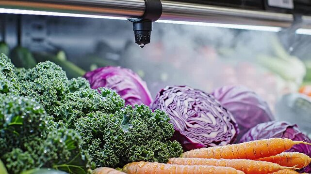 Fresh kale, red cabbage, and carrots are displayed under a refreshing misting system in a supermarket produce section, highlighting healthy and vibrant ingredients.