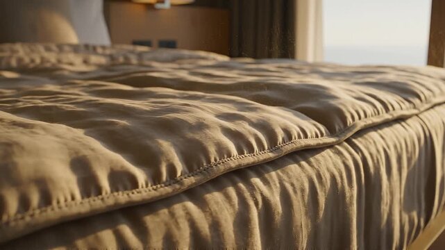 Bedding, featuring a textured beige duvet and rumpled sheets, bathed in warm morning sunlight that highlights the cozy fabric and serene atmosphere of a modern bedroom.
