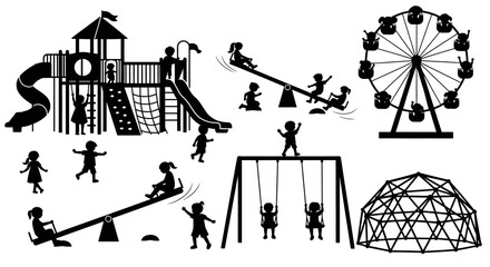Silhouette of Children Playing on Various Playground Equipment - Playtime Fun