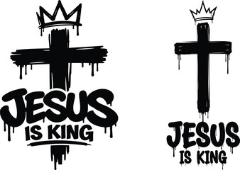 Jesus is king Christian typography with dripping cross and crown isolated on white