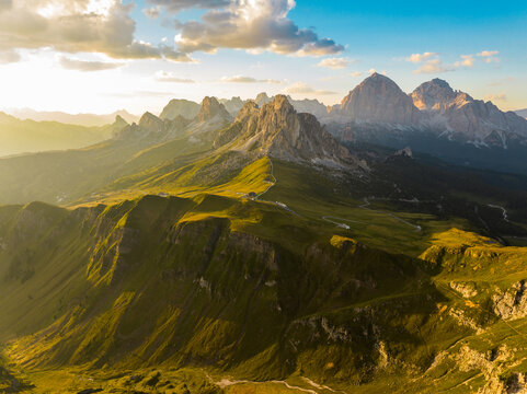Sunset landscape over Passo Giau with Ra Gusela and Nuvolau peaks, Dolomites, Italy