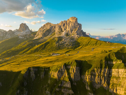 Sunset landscape over Passo Giau with Ra Gusela and Nuvolau peaks, Dolomites, Italy
