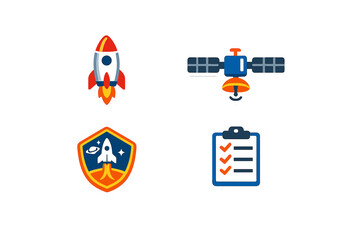 Fototapeta premium Different space-themed icons show a rocket, satellite, shield with a rocket, and checklist in a simple design with bright colors