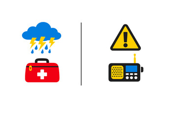 Emergency kit and weather alert radio for storm preparedness in an educational graphic about safety measures