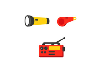 Different tools for emergency situations are shown including a flashlight, a whistle, and a radio. These items can help in various situations when needed